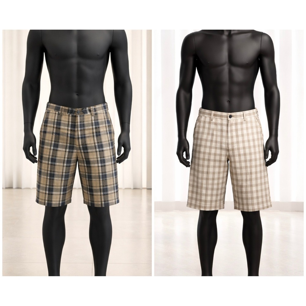 Blue Mens Sz 36 Plaid Gingham Shorts 2Pc Bundle Brown Tan Preppy Academia Golf